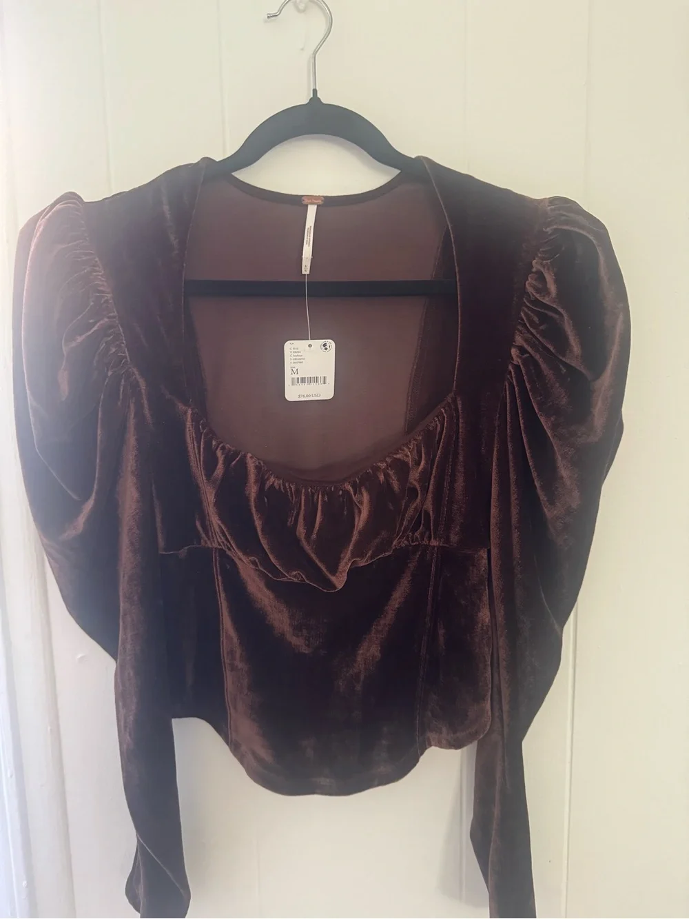 Free People Velvet Puff-Sleeve Square Neck Top in Brown
